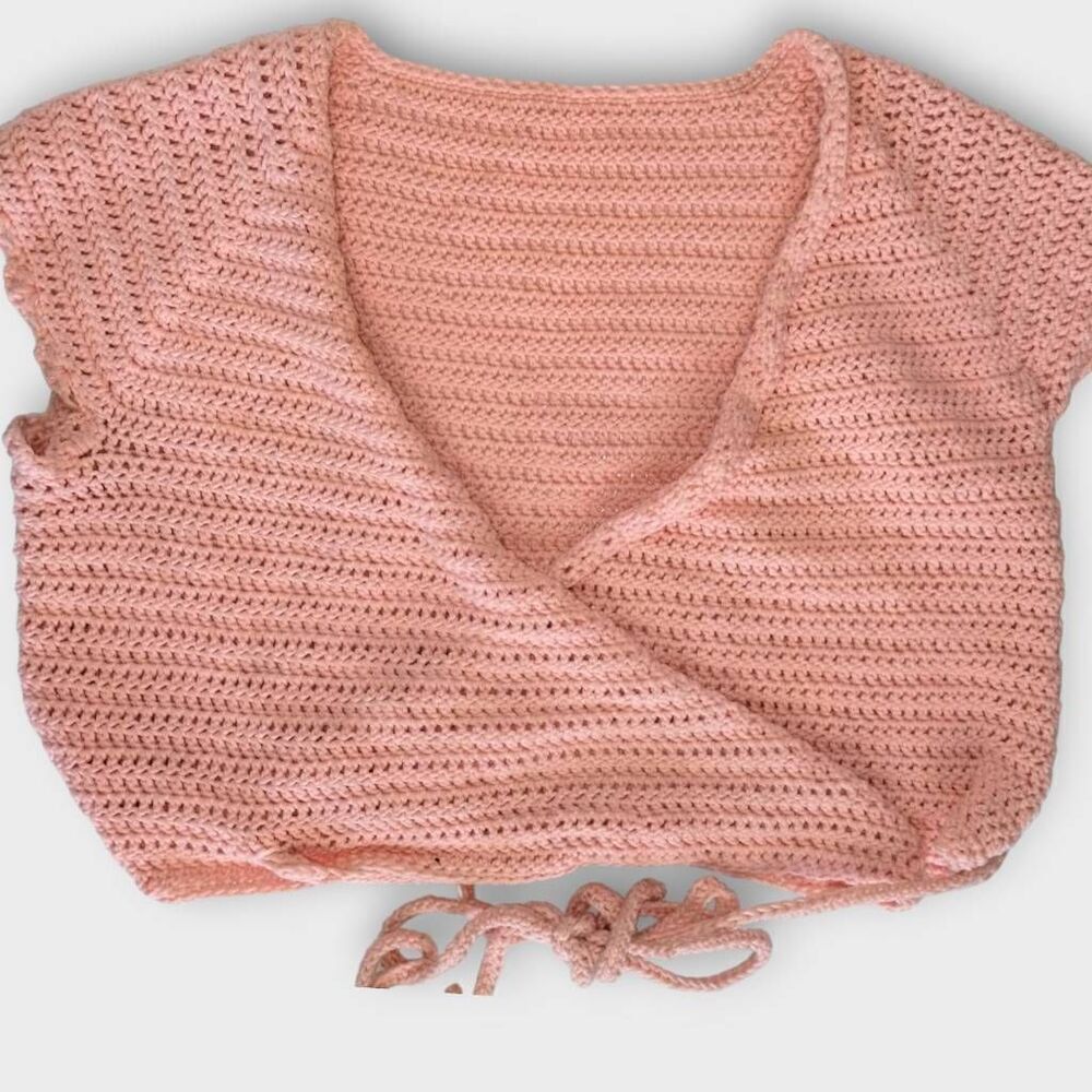 Handmade Womens Sweater Sz XL Pink Salmon Cropped Short Wrap Tie Swiftie Crochet